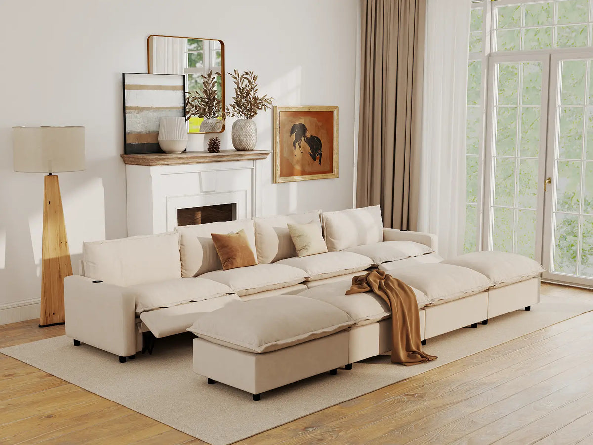 Modular Cero Reclining Sectionals | 8-Piece Beige Linen Open Space Pit Sectionals 4-Seater with 4-Ottomans