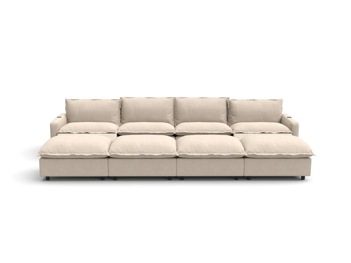 Modular Cero Reclining Sectionals | 8-Piece Beige Linen Open Space Pit Sectionals 4-Seater with 4-Ottomans