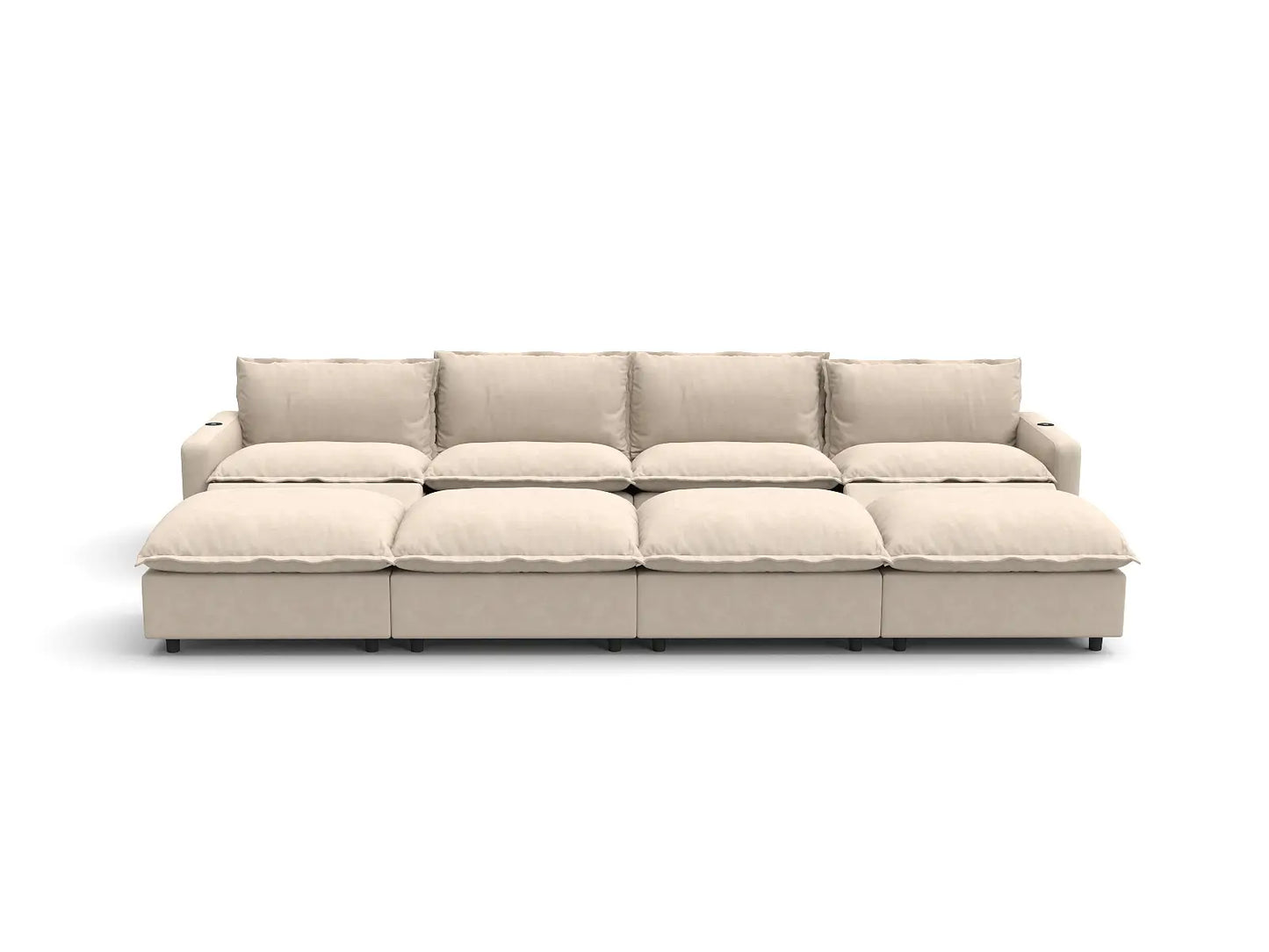 Modular Cero Reclining Sectionals | 8-Piece Beige Linen Open Space Pit Sectionals 4-Seater with 4-Ottomans