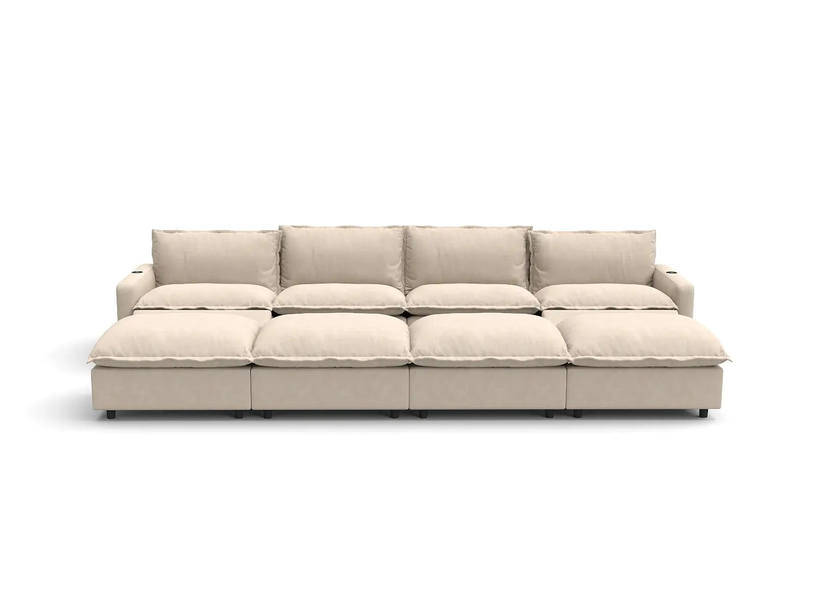 Modular Cero Reclining Sectional with Chaise Lounge | 8-Piece Beige Linen Open Space Pit Sectionals 4-Seater with 4-Ottomans