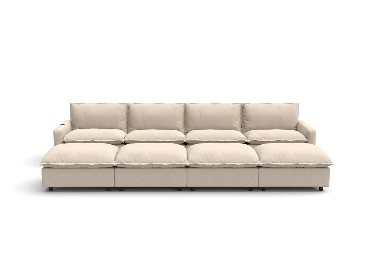 Modular Cero Reclining Sectionals | 8-Piece Beige Linen Open Space Pit Sectionals 4-Seater with 4-Ottomans