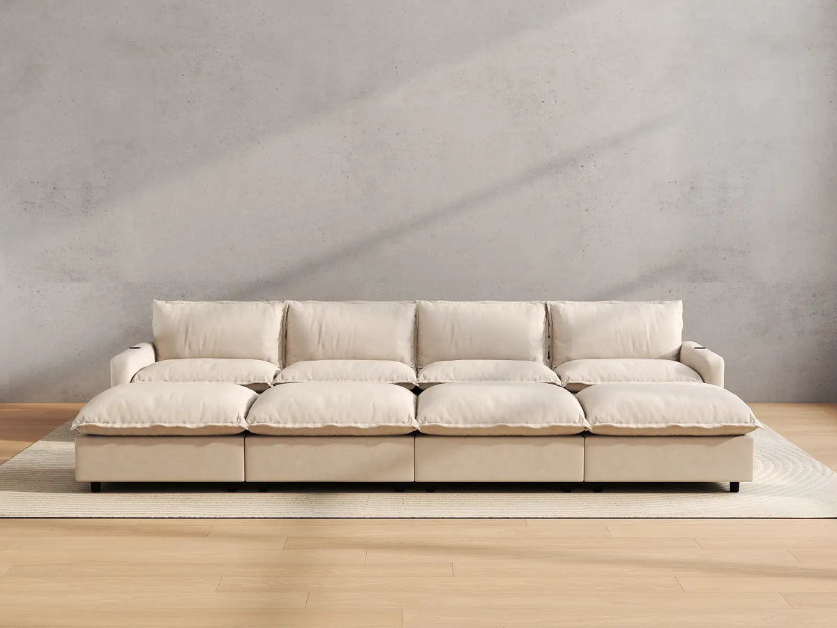 Modular Cero Reclining Sectionals | 8-Piece Beige Linen Open Space Pit Sectionals 4-Seater with 4-Ottomans