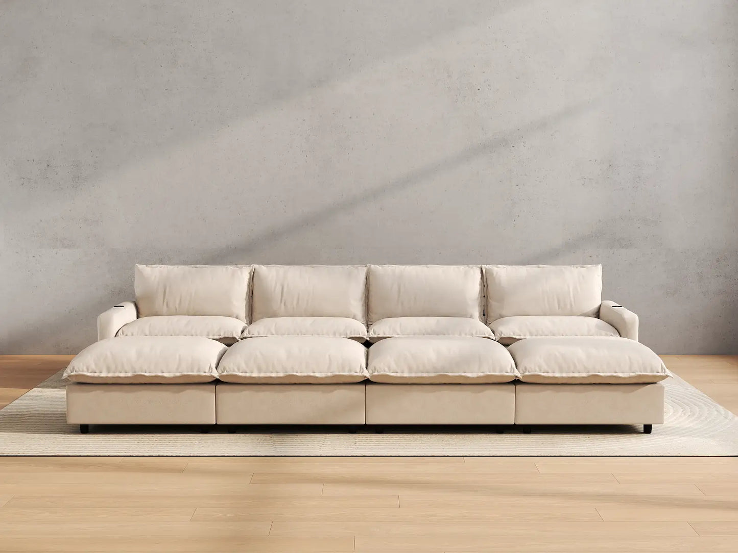 Modular Cero Reclining Sectionals | 8-Piece Beige Linen Open Space Pit Sectionals 4-Seater with 4-Ottomans