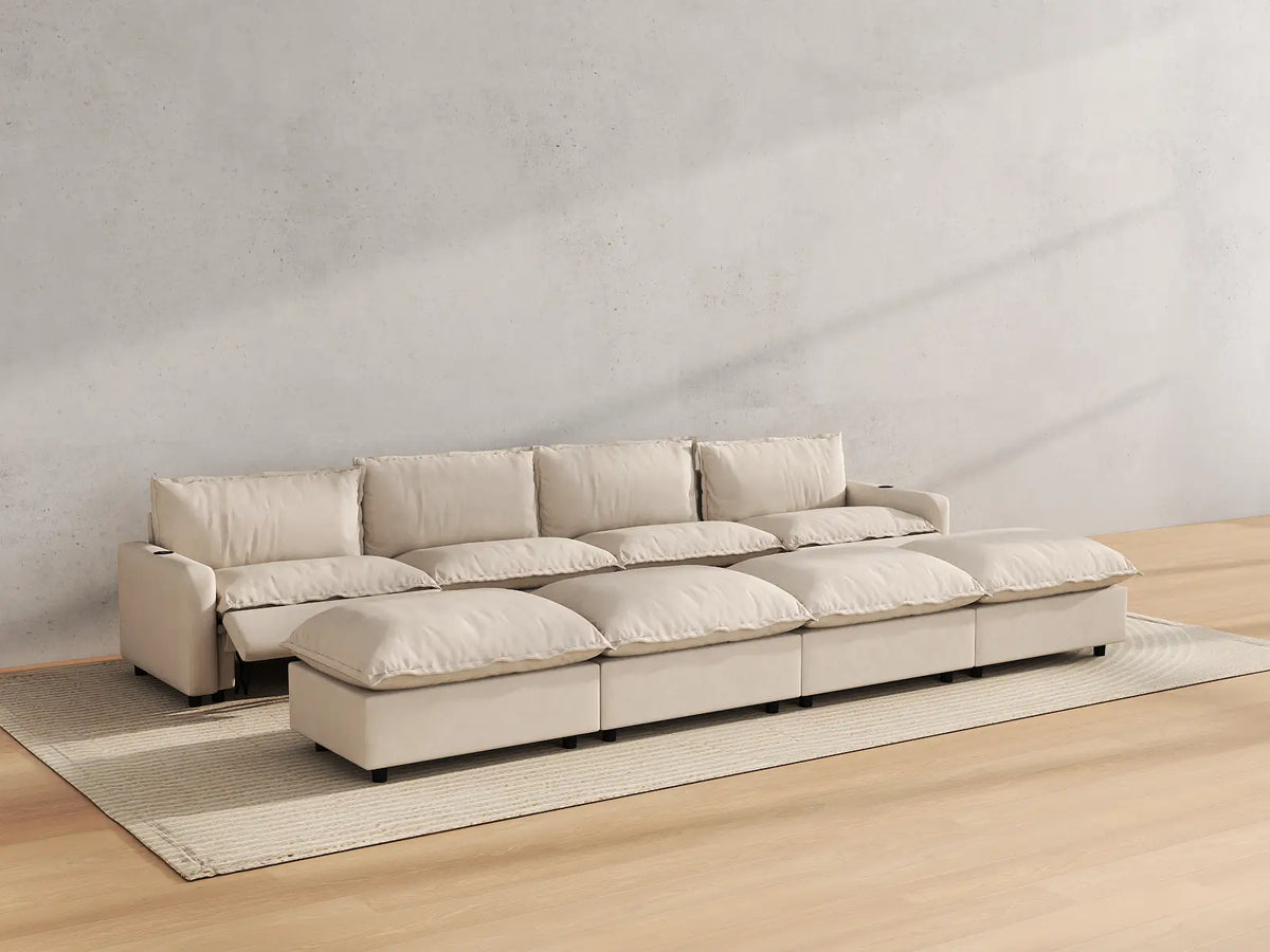Modular Cero Reclining Sectionals | 8-Piece Beige Linen Open Space Pit Sectionals 4-Seater with 4-Ottomans