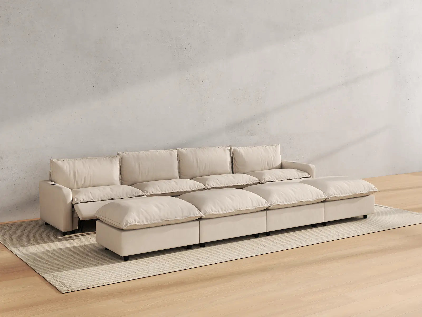 Modular Cero Reclining Sectional with Chaise Lounge | 8-Piece Beige Linen Open Space Pit Sectionals 4-Seater with 4-Ottomans
