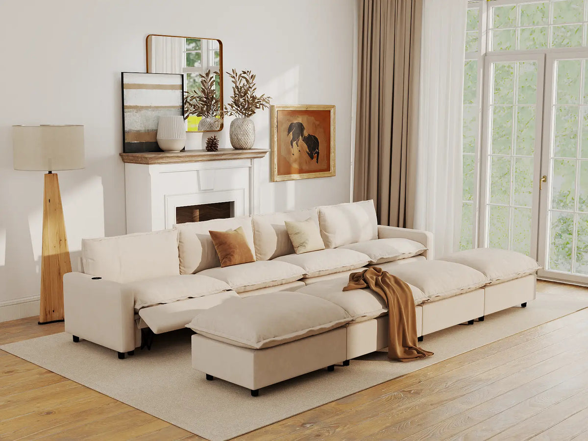 Modular Cero Reclining Sectionals | 8-Piece Beige Linen Open Space Pit Sectionals 4-Seater with 4-Ottomans
