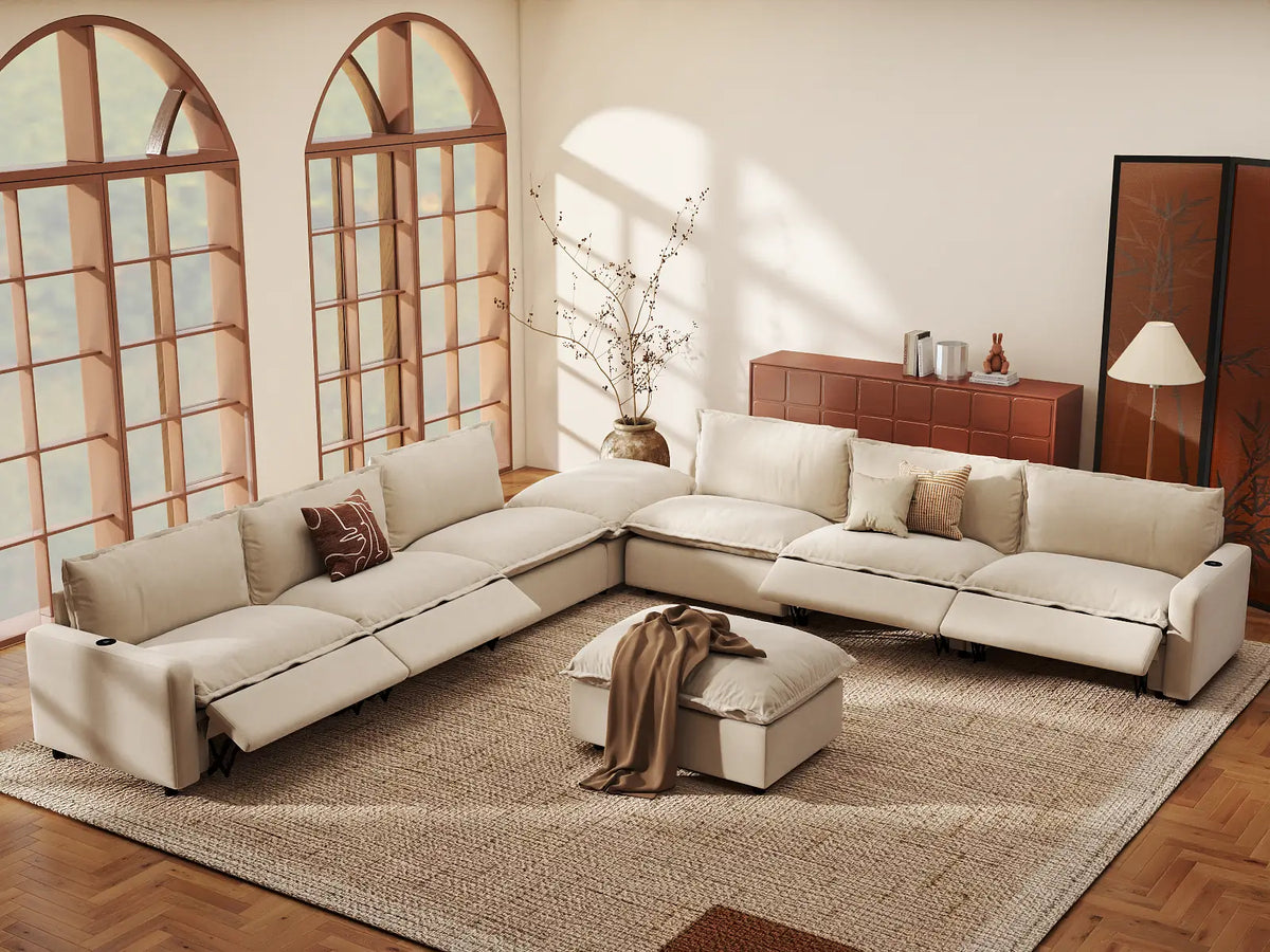 Modular Cero Reclining Sectionals | 8-Piece Beige Linen Open Space Sofa Sets 6-Seater with 2-Ottomans