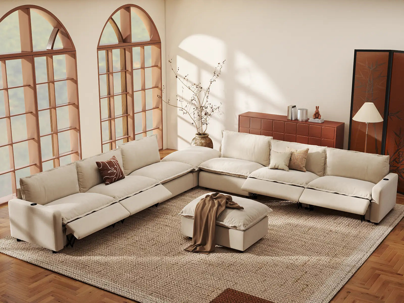 Modular Cero Reclining Sofa Set for Living Room | 8-Piece Beige Linen Open Space Sofa Sets 6-Seater with 2-Ottomans