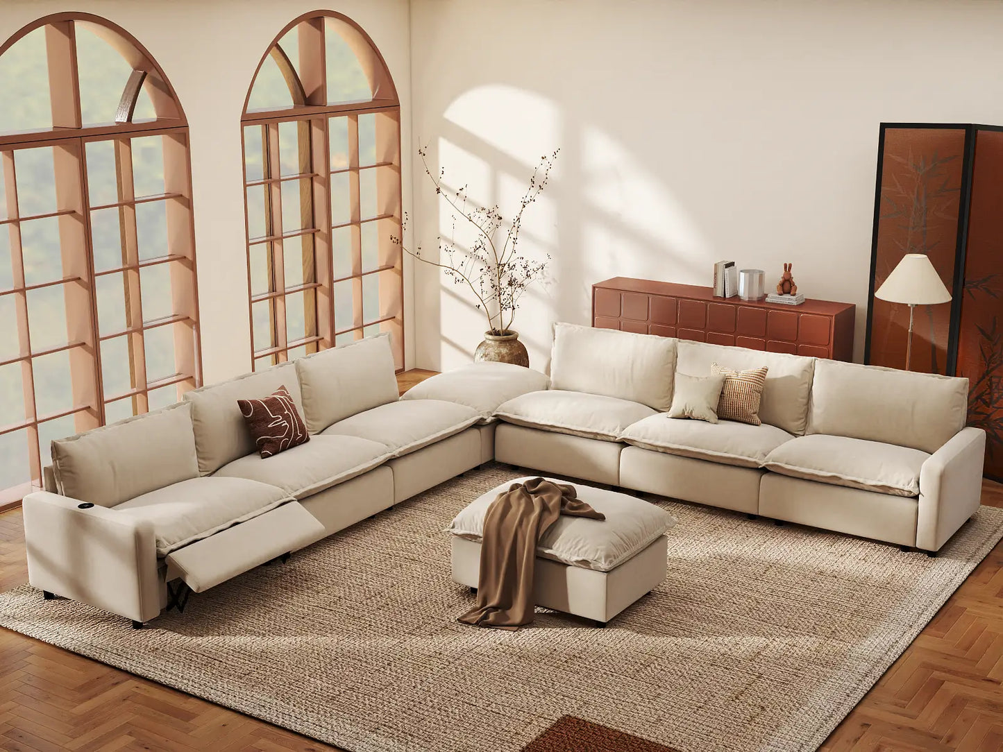 Modular Cero Reclining Sectionals | 8-Piece Beige Linen Open Space Sofa Sets 6-Seater with 2-Ottomans