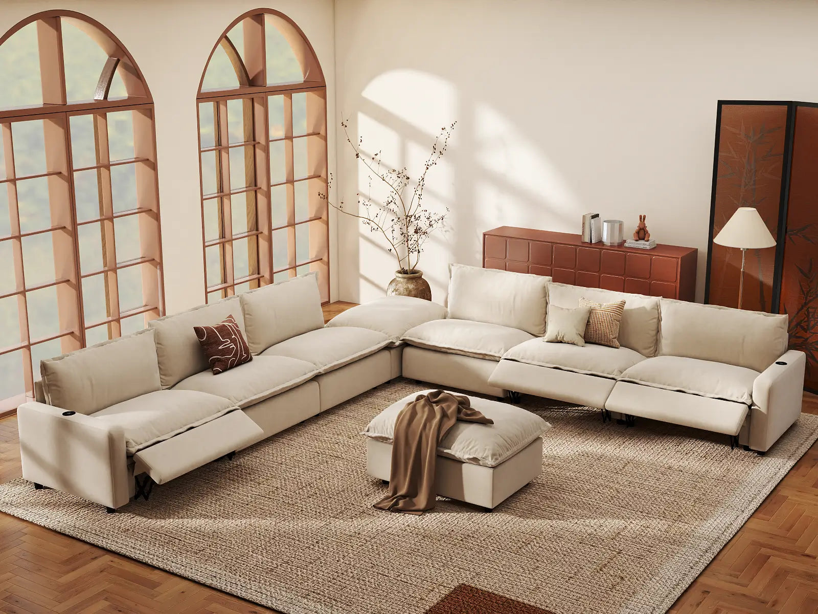 Modular Cero Reclining Sofa Set on Sale | 8-Piece Beige Linen Open Space Sofa Sets 6-Seater with 2-Ottomans