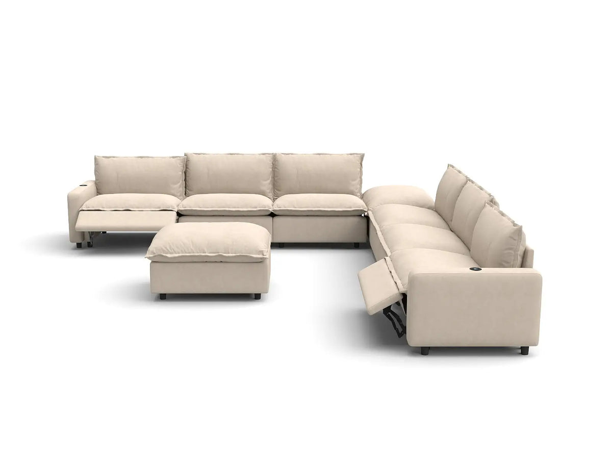 Modular Cero Reclining Sectionals | 8-Piece Beige Linen Open Space Sofa Sets 6-Seater with 2-Ottomans