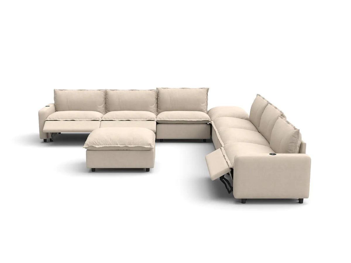 Modular Cero Reclining Sectionals | 8-Piece Beige Linen Open Space Sofa Sets 6-Seater with 2-Ottomans