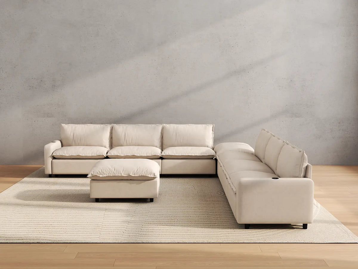 Modular Cero Reclining Sectionals | 8-Piece Beige Linen Open Space Sofa Sets 6-Seater with 2-Ottomans