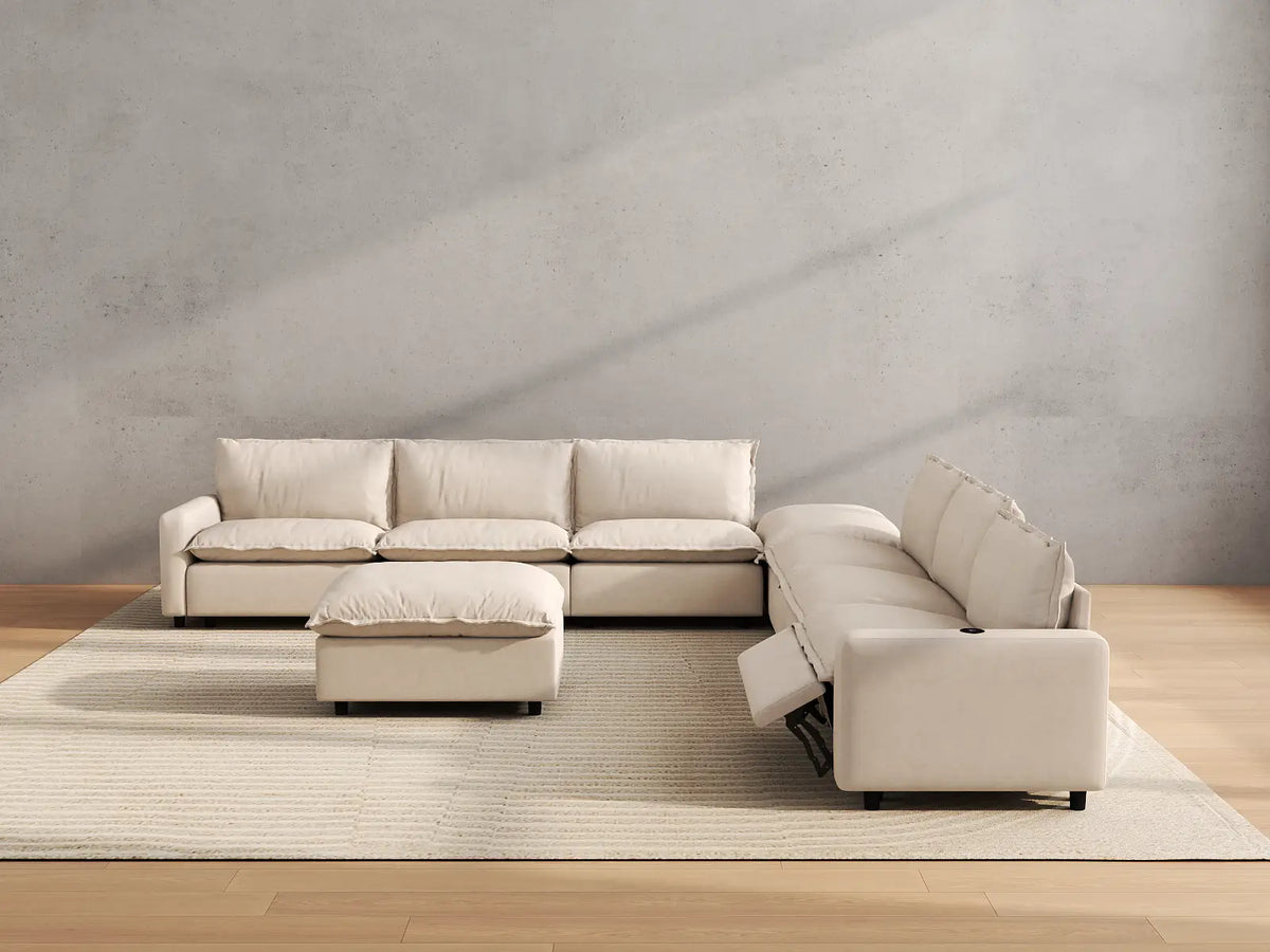 Modular Cero Reclining Sectionals | 8-Piece Beige Linen Open Space Sofa Sets 6-Seater with 2-Ottomans