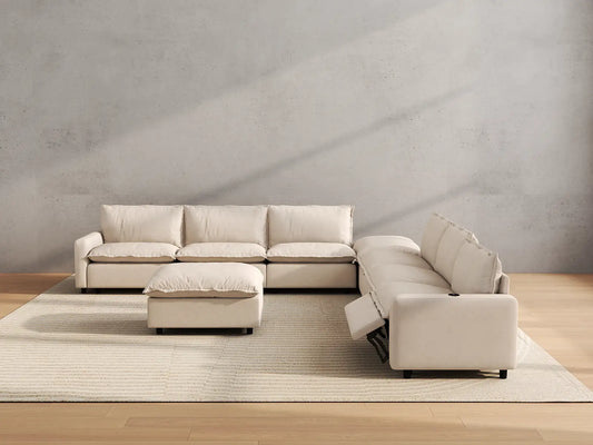 Modular Cero Reclining Sectionals | 8-Piece Beige Linen Open Space Sofa Sets 6-Seater with 2-Ottomans