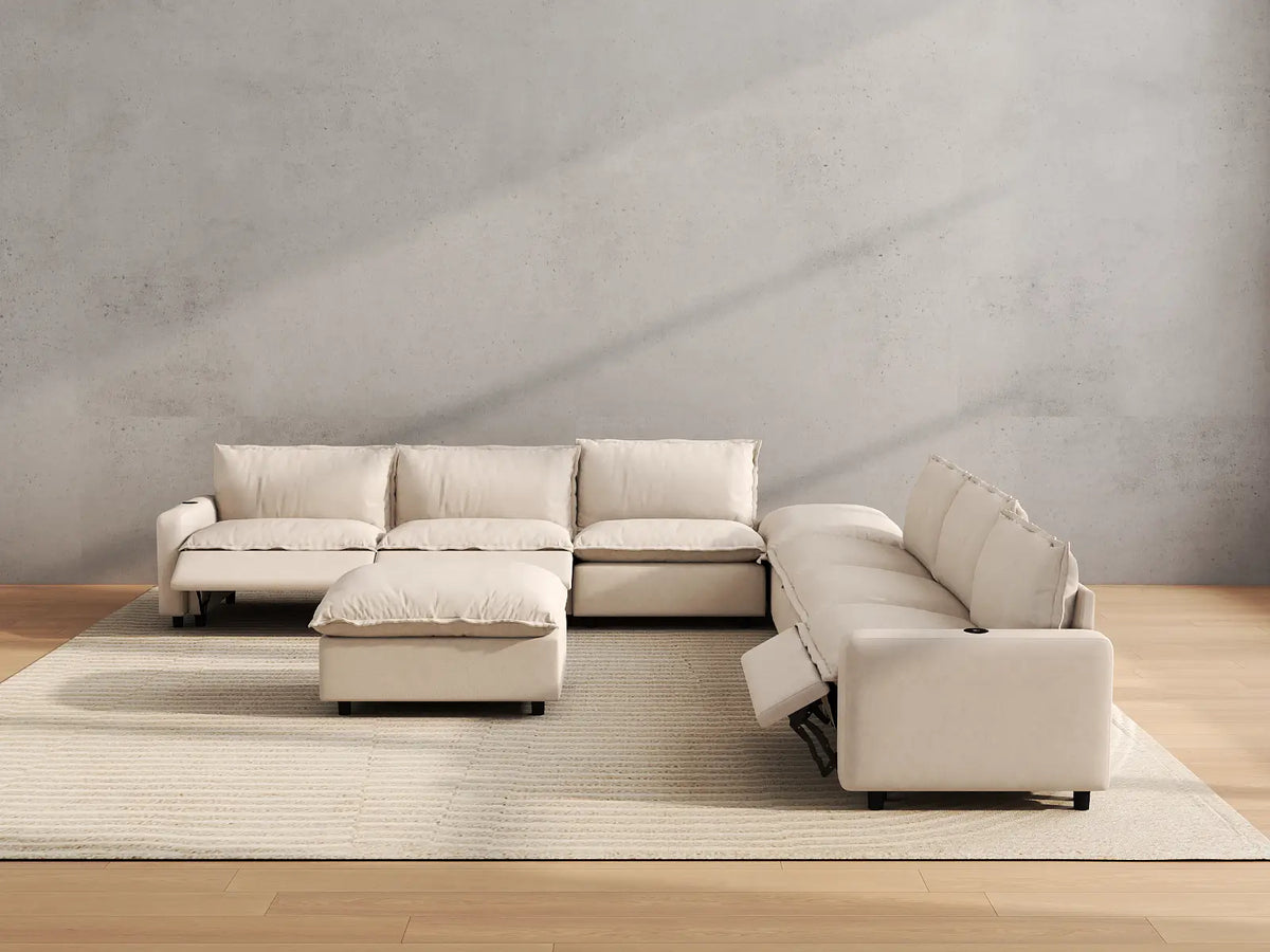 Modular Cero Reclining Sectionals | 8-Piece Beige Linen Open Space Sofa Sets 6-Seater with 2-Ottomans