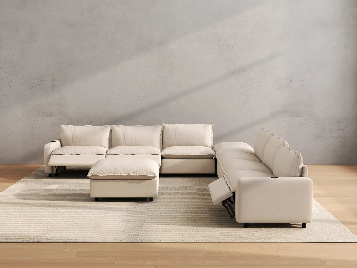 Modular Cero Reclining Sectionals | 8-Piece Beige Linen Open Space Sofa Sets 6-Seater with 2-Ottomans