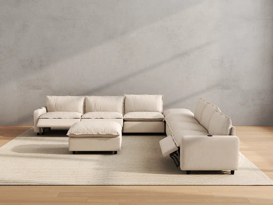 Modular Cero Reclining Sectionals | 8-Piece Beige Linen Open Space Sofa Sets 6-Seater with 2-Ottomans