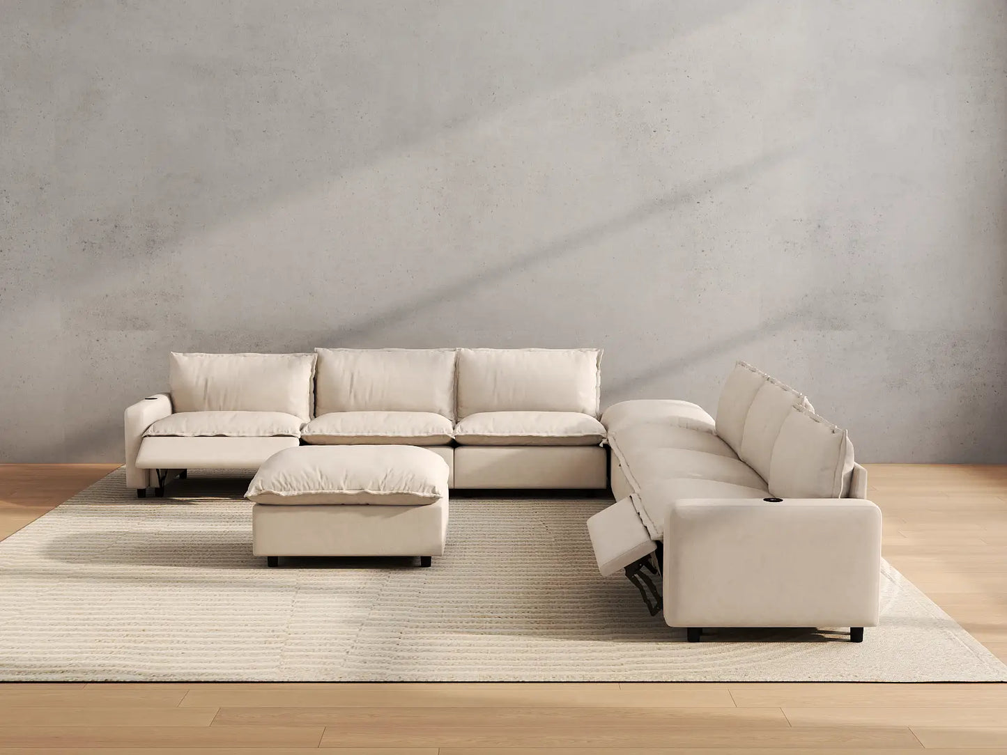 Modular Cero Reclining Sectionals | 8-Piece Beige Linen Open Space Sofa Sets 6-Seater with 2-Ottomans
