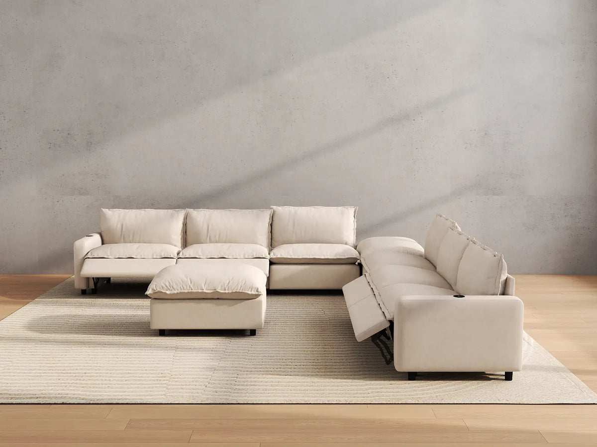 Modular Cero Reclining Sectionals | 8-Piece Beige Linen Open Space Sofa Sets 6-Seater with 2-Ottomans