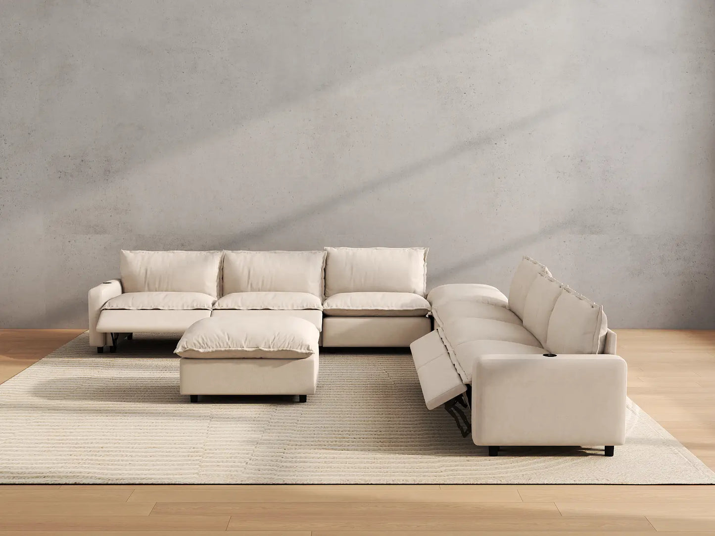 Modular Cero Reclining Sectionals | 8-Piece Beige Linen Open Space Sofa Sets 6-Seater with 2-Ottomans