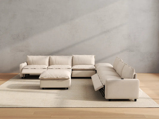 Modular Cero Reclining Sectionals | 8-Piece Beige Linen Open Space Sofa Sets 6-Seater with 2-Ottomans