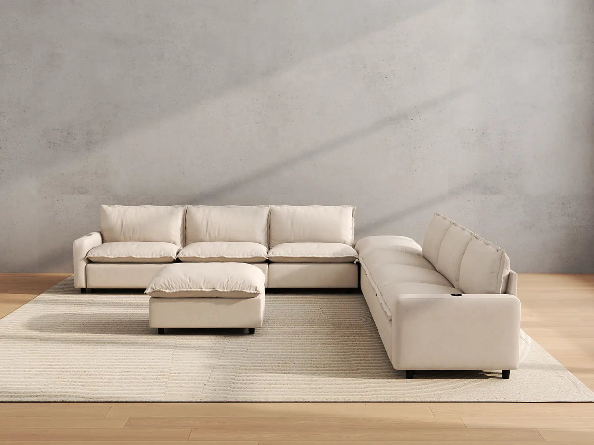 Modular Cero Reclining Sectionals | 8-Piece Beige Linen Open Space Sofa Sets 6-Seater with 2-Ottomans