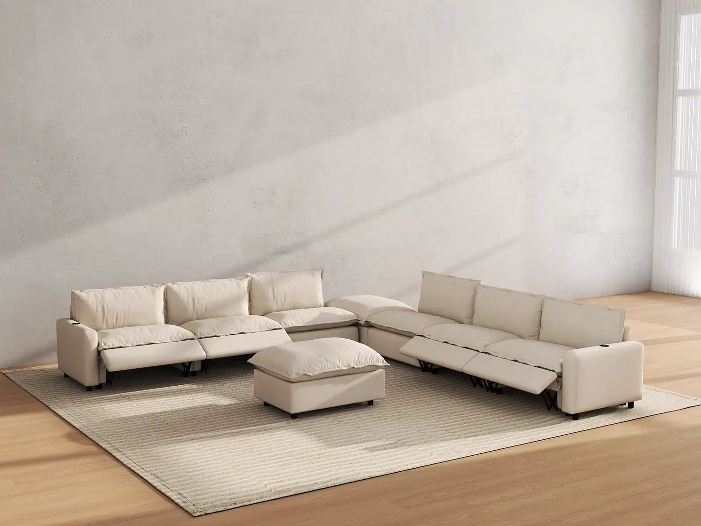 Modular Cero Reclining Sectionals | 8-Piece Beige Linen Open Space Sofa Sets 6-Seater with 2-Ottomans