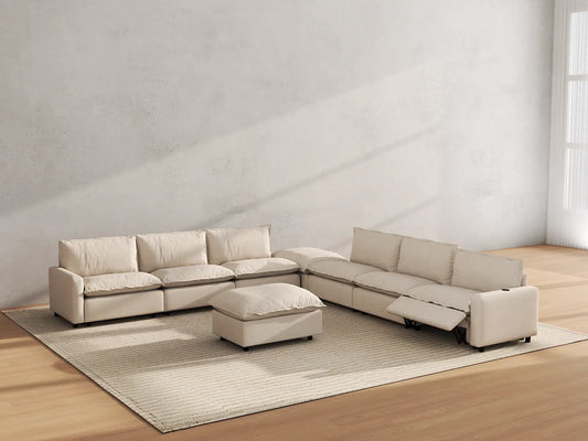 Modular Cero Reclining Sectionals | 8-Piece Beige Linen Open Space Sofa Sets 6-Seater with 2-Ottomans