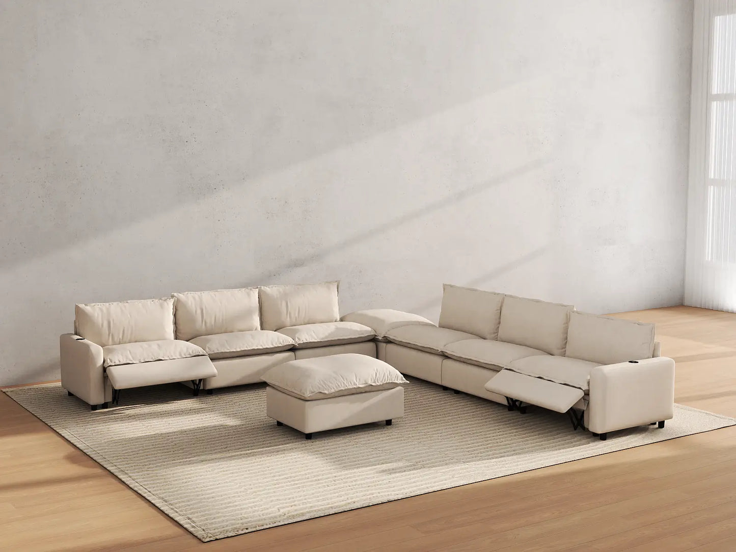Modular Cero Reclining Sectionals | 8-Piece Beige Linen Open Space Sofa Sets 6-Seater with 2-Ottomans