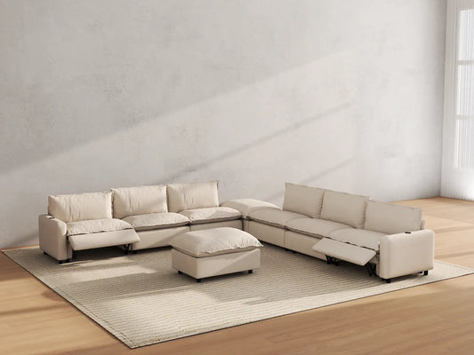 Modular Cero Reclining Sectionals | 8-Piece Beige Linen Open Space Sofa Sets 6-Seater with 2-Ottomans