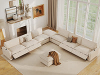 Modular Cero Reclining Sectionals | 8-Piece Beige Linen Open Space Sofa Sets 6-Seater with 2-Ottomans