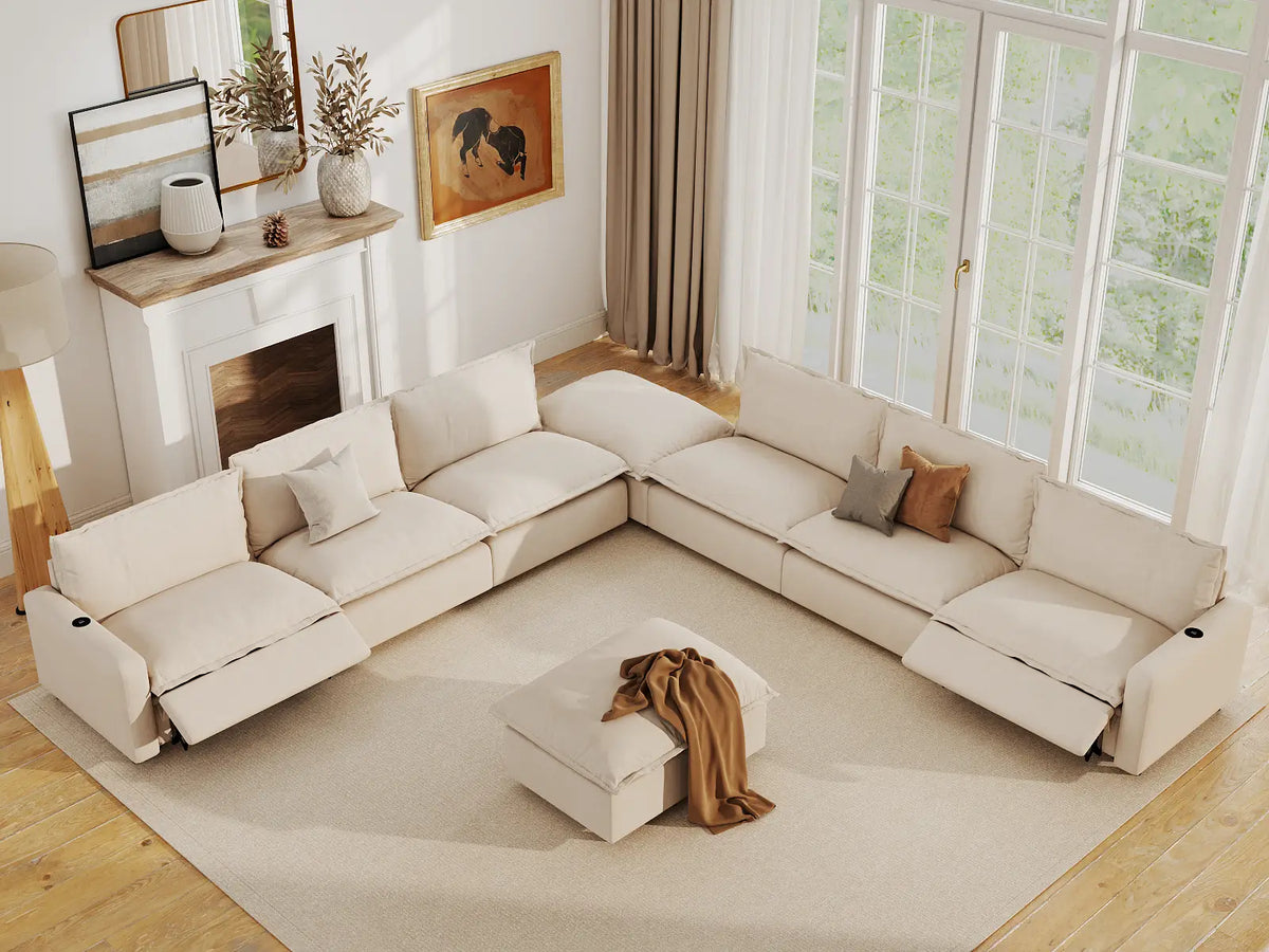 Modular Cero Reclining Sectionals | 8-Piece Beige Linen Open Space Sofa Sets 6-Seater with 2-Ottomans