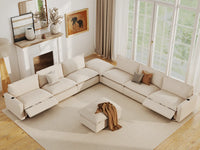 Modular Cero Reclining Sectionals | 8-Piece Beige Linen Open Space Sofa Sets 6-Seater with 2-Ottomans
