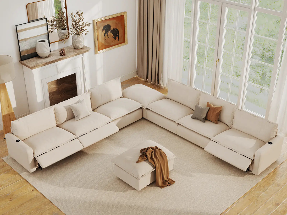 Modular Cero Reclining Sectionals | 8-Piece Beige Linen Open Space Sofa Sets 6-Seater with 2-Ottomans