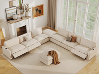 Modular Cero Reclining Sectionals | 8-Piece Beige Linen Open Space Sofa Sets 6-Seater with 2-Ottomans