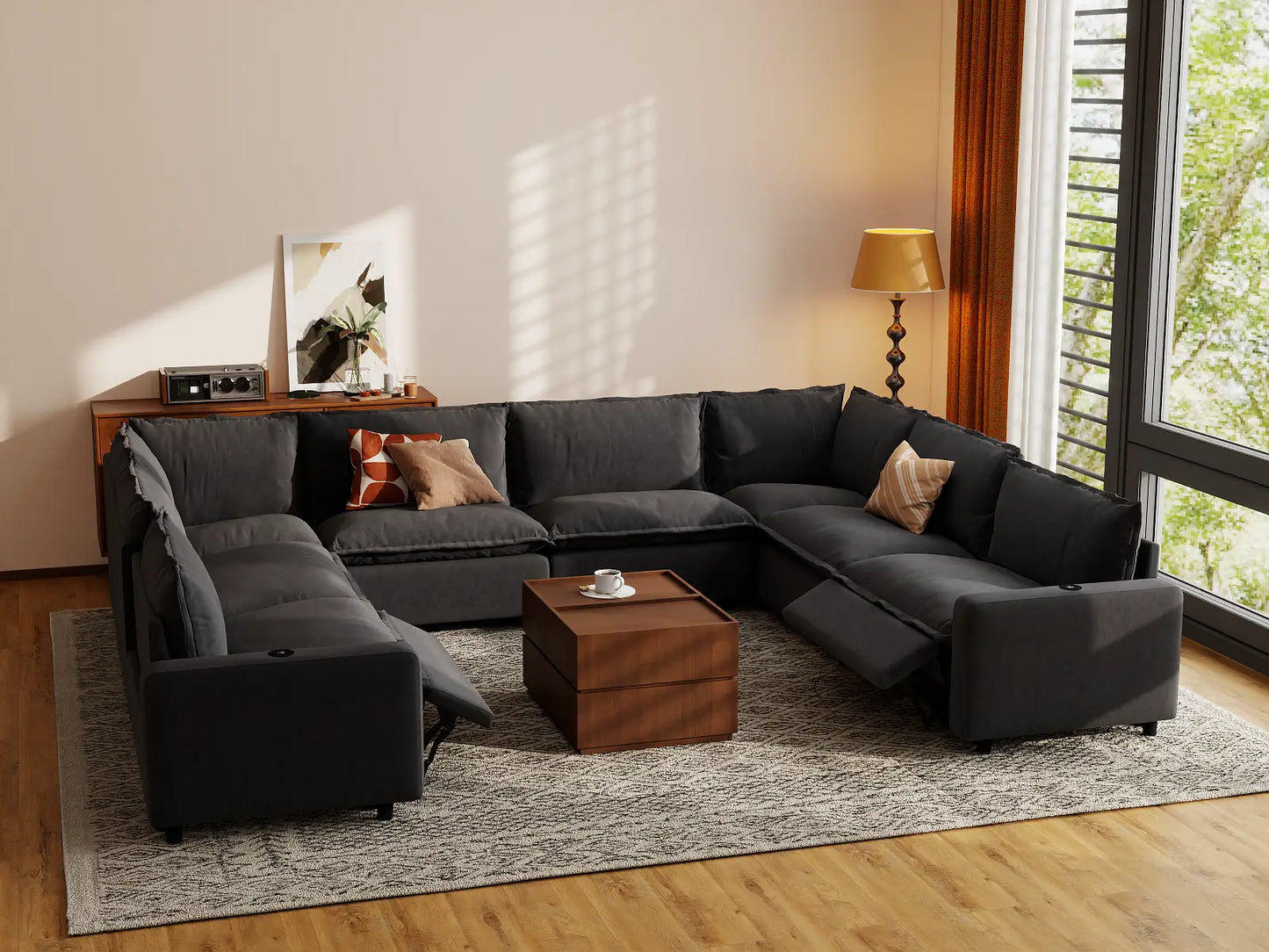 Modular Cero Sectional Recliner Sofa | 8-Piece Grey Linen Grand Estate U-Shaped Sectionals 8-Seater