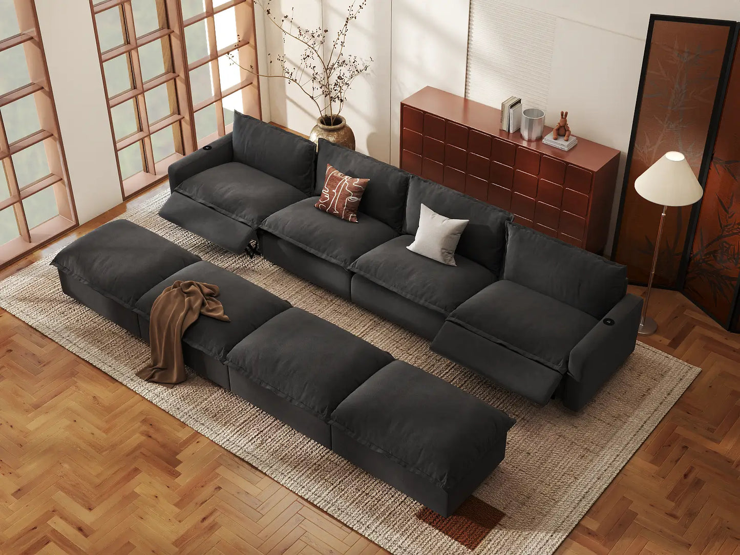 Modular Cero Reclining Sectionals | 8-Piece Grey Linen Open Plan Pit Sectionals 4-Seater with 4-Ottomans