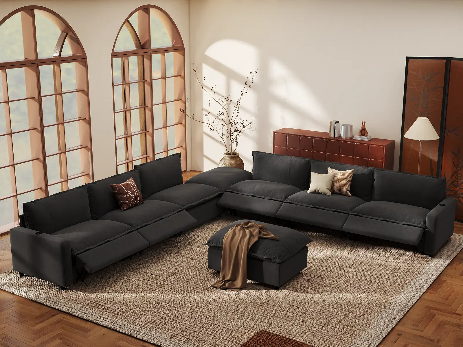 Modular Cero Reclining Sectionals | 8-Piece Grey Linen Open Plan Sofa Sets 6-Seater with 2-Ottomans
