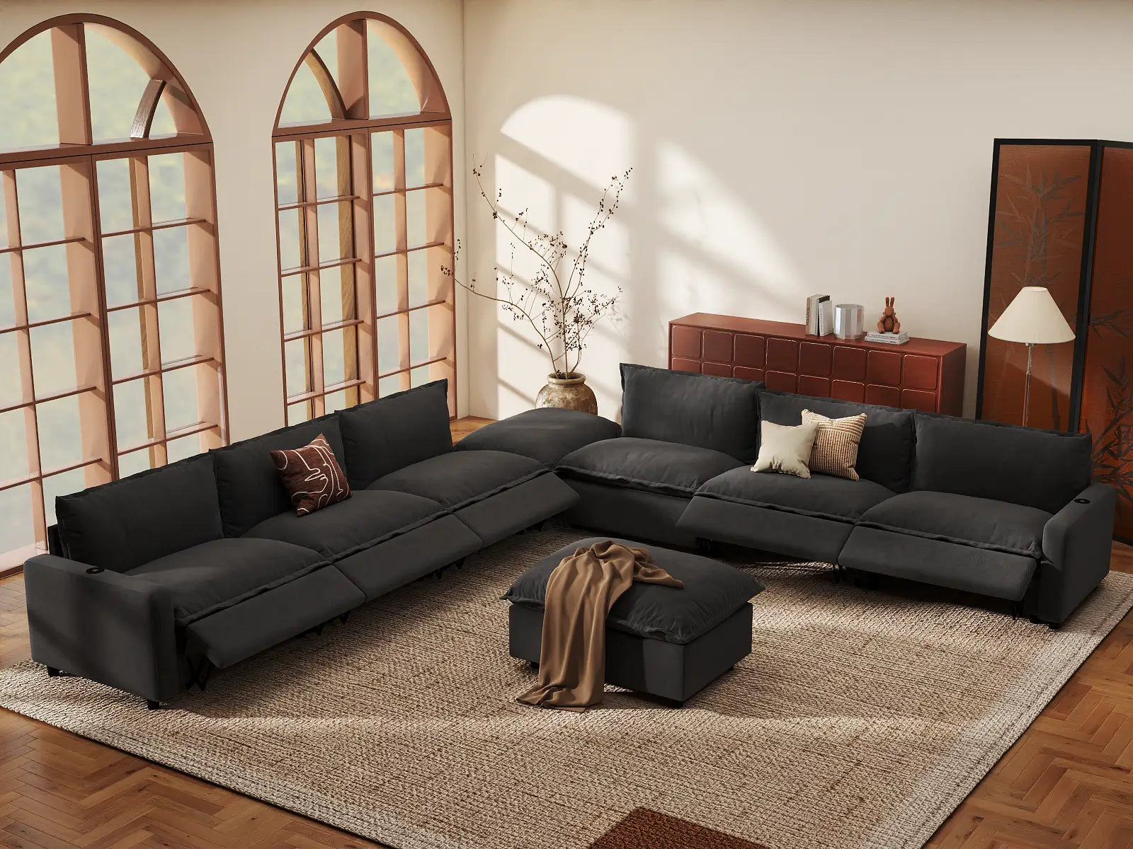 Modular Cero Reclining Sectionals | 8-Piece Grey Linen Open Plan Sofa Sets 6-Seater with 2-Ottomans