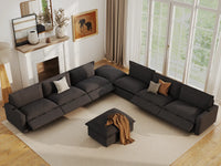 Modular Cero Reclining Sectionals | 8-Piece Grey Linen Open Plan Sofa Sets 6-Seater with 2-Ottomans