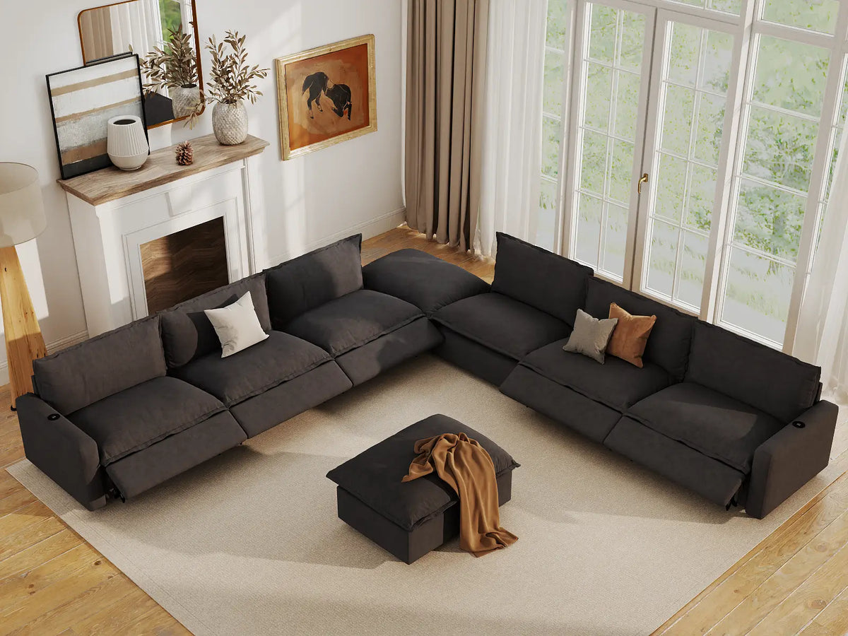 Modular Cero Reclining Sectionals | 8-Piece Grey Linen Open Plan Sofa Sets 6-Seater with 2-Ottomans