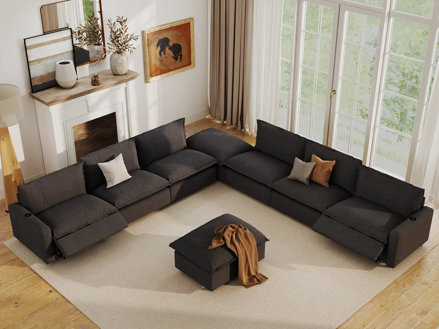Modular Cero Reclining Sectionals | 8-Piece Grey Linen Open Plan Sofa Sets 6-Seater with 2-Ottomans