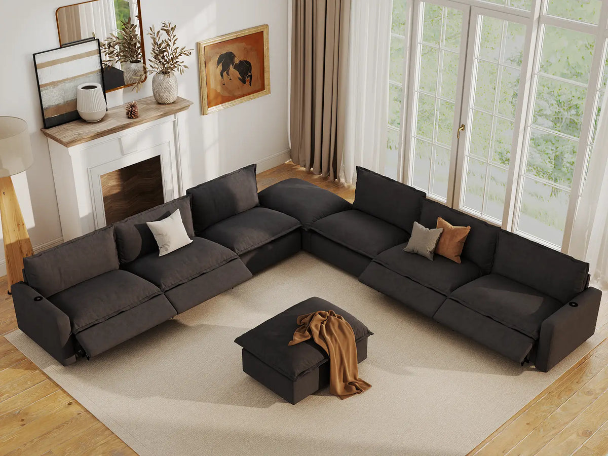 Modular Cero Reclining Sectionals | 8-Piece Grey Linen Open Plan Sofa Sets 6-Seater with 2-Ottomans