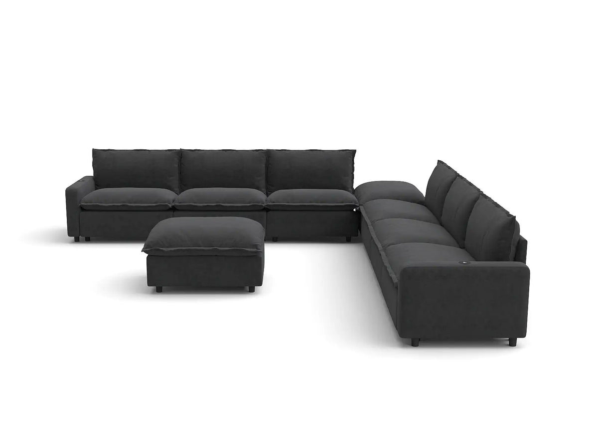 Modular Cero Reclining Sectionals | 8-Piece Grey Linen Open Plan Sofa Sets 6-Seater with 2-Ottomans