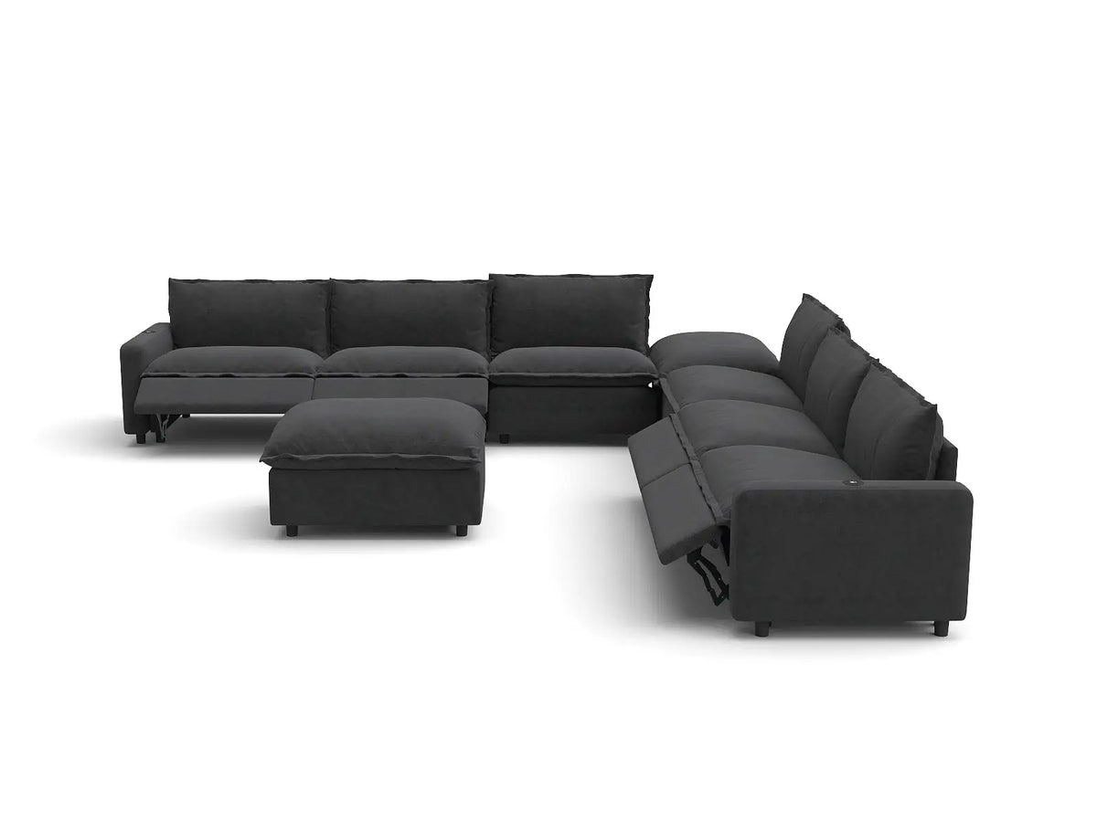 Modular Cero Reclining Sectionals | 8-Piece Grey Linen Open Plan Sofa Sets 6-Seater with 2-Ottomans