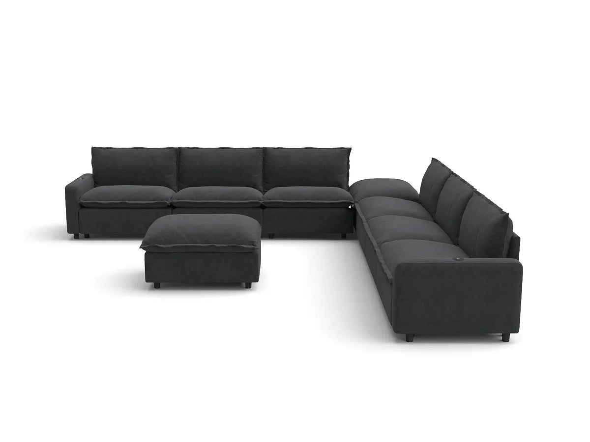 Modular Cero Reclining Sectionals | 8-Piece Grey Linen Open Plan Sofa Sets 6-Seater with 2-Ottomans