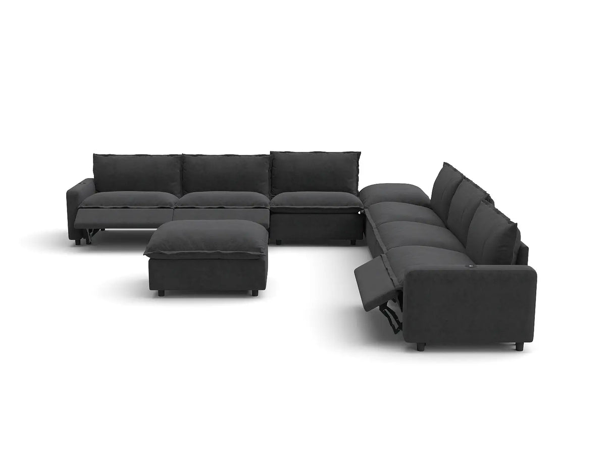 Modular Cero Reclining Sectionals | 8-Piece Grey Linen Open Plan Sofa Sets 6-Seater with 2-Ottomans