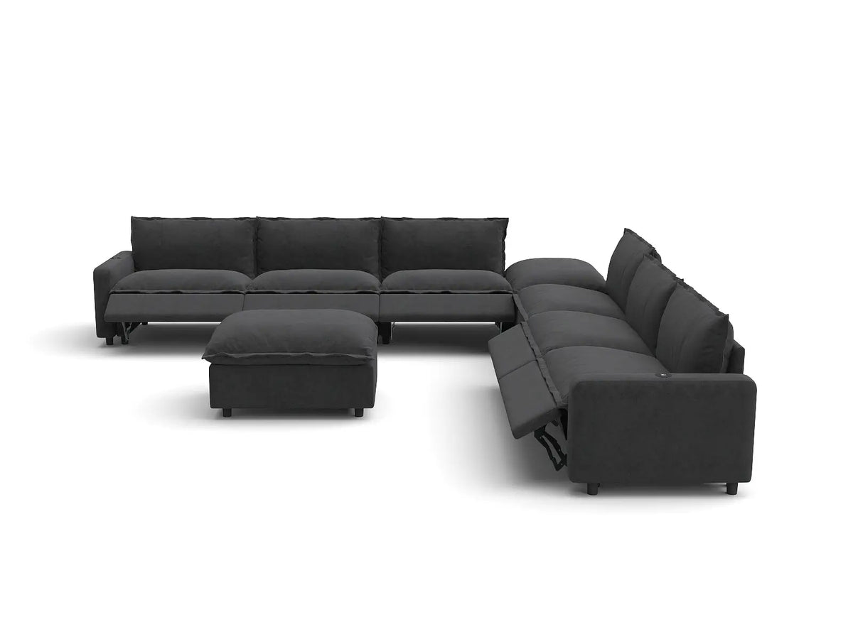 Modular Cero Reclining Sectionals | 8-Piece Grey Linen Open Plan Sofa Sets 6-Seater with 2-Ottomans
