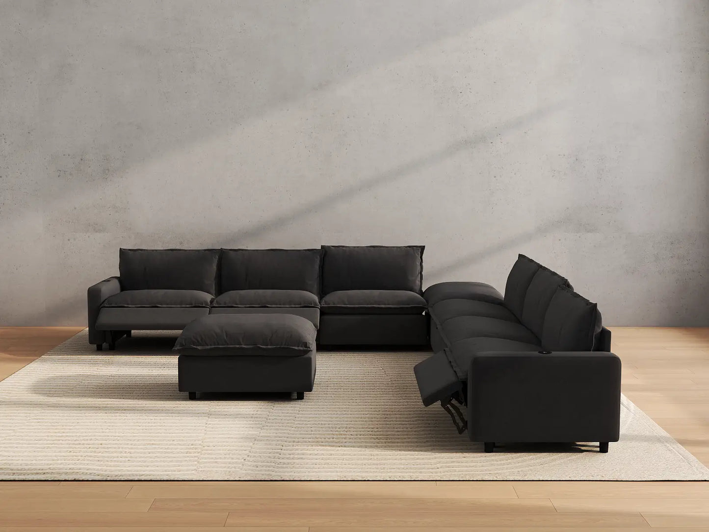 Modular Cero Reclining Sectionals | 8-Piece Grey Linen Open Plan Sofa Sets 6-Seater with 2-Ottomans